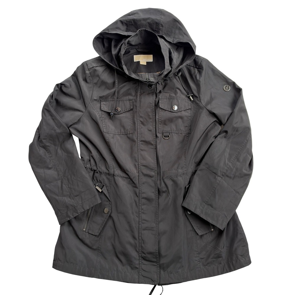 Michael Kors Anorak Field Jacket Women L Black Excellent Hooded Utility Coat